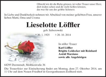 Traueranzeige von Lieselotte Löffler von Echo-Zeitungen (Gesamtausgabe)