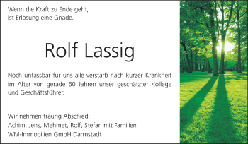 Traueranzeige von Rolf Lassig von Echo-Zeitungen (Gesamtausgabe)