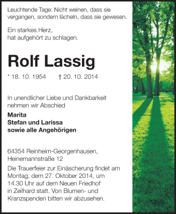 Traueranzeige von Rolf Lassig von Echo-Zeitungen (Gesamtausgabe)