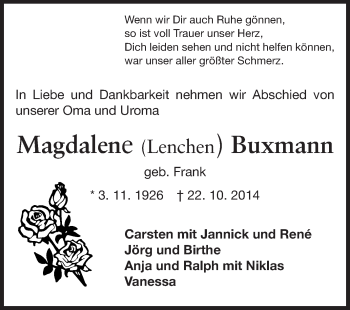 Traueranzeige von Magdalene Buxmann von Echo-Zeitungen (Gesamtausgabe)