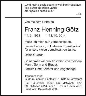 Traueranzeige von Franz Henning Götz von Echo-Zeitungen (Gesamtausgabe)
