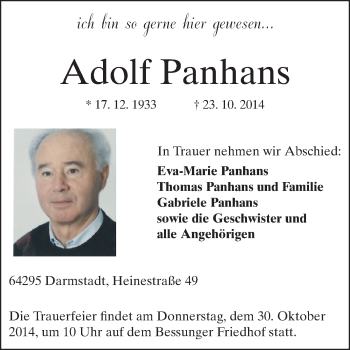 Traueranzeige von Adolf Panhans von Echo-Zeitungen (Gesamtausgabe)