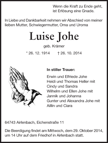 Traueranzeige von Luise Johe von Odenwälder Echo