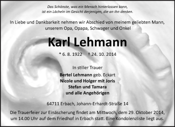 Traueranzeige von Karl Lehmann von Odenwälder Echo