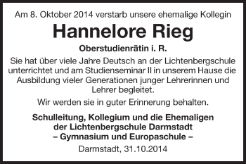 Traueranzeige von Hannelore Rieg von Echo-Zeitungen (Gesamtausgabe)