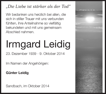 Traueranzeige von Irmgard Leidig von Odenwälder Echo