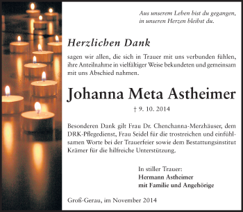 Traueranzeige von Johanna Meta Astheimer von Rüsselsheimer Echo, Groß-Gerauer-Echo, Ried Echo