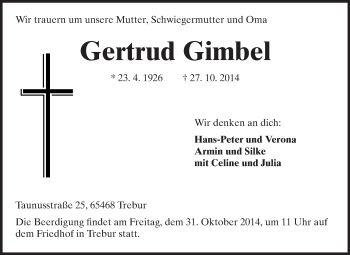 Traueranzeige von Gertrud Gimbel von Rüsselsheimer Echo, Groß-Gerauer-Echo, Ried Echo
