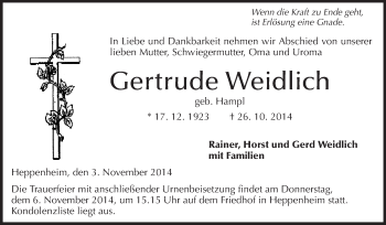 Traueranzeige von Gertrude Weidlich von Starkenburger Echo
