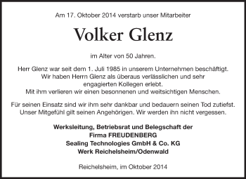 Traueranzeige von Volker Glenz von Odenwälder Echo