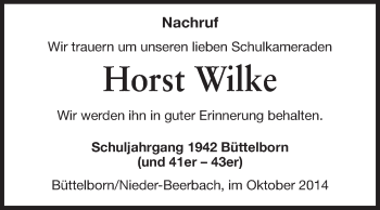 Traueranzeige von Horst Wilke von Rüsselsheimer Echo, Groß-Gerauer-Echo, Ried Echo