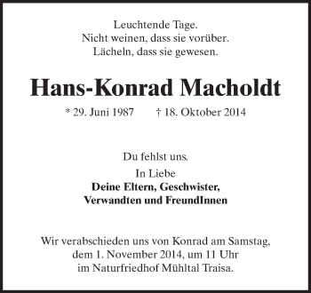 Traueranzeige von Hans-Konrad Macholdt von Echo-Zeitungen (Gesamtausgabe)