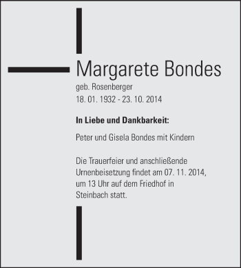Traueranzeige von Margarete Bondes von Odenwälder Echo