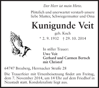 Traueranzeige von Kunigunde Veit von Odenwälder Echo
