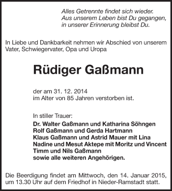 Traueranzeige von Rüdiger Gaßmann von Echo-Zeitungen (Gesamtausgabe)