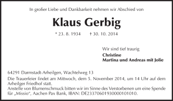 Traueranzeige von Klaus Gerbig von Echo-Zeitungen (Gesamtausgabe)