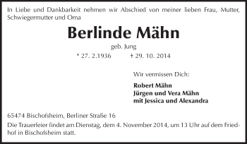 Traueranzeige von Berlinde Mähn von Rüsselsheimer Echo, Groß-Gerauer-Echo, Ried Echo