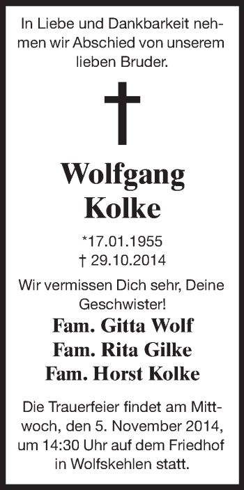 Traueranzeige von Wolfgang Kolke von Rüsselsheimer Echo, Groß-Gerauer-Echo, Ried Echo