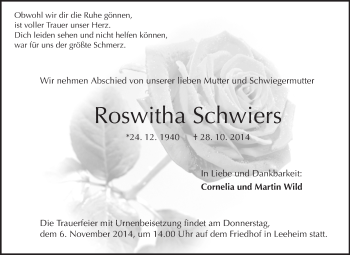 Traueranzeige von Roswitha Schwiers von Rüsselsheimer Echo, Groß-Gerauer-Echo, Ried Echo