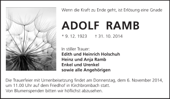 Traueranzeige von Adolf Ramb von Odenwälder Echo