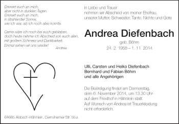 Traueranzeige von Andrea Diefenbach von Echo-Zeitungen (Gesamtausgabe)