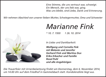Traueranzeige von Marianne Fink von Odenwälder Echo