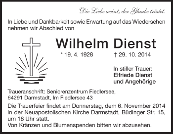 Traueranzeige von Wilhelm Dienst von Echo-Zeitungen (Gesamtausgabe)