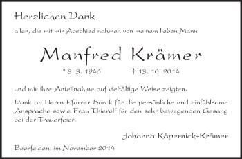 Traueranzeige von Manfred Krämer von Odenwälder Echo