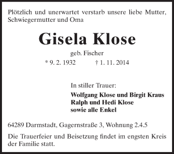 Traueranzeige von Gisela Klose von Echo-Zeitungen (Gesamtausgabe)