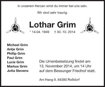 Traueranzeige von Lothar Grim von Echo-Zeitungen (Gesamtausgabe)