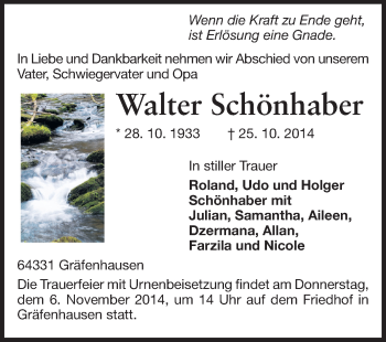 Traueranzeige von Walter Schönhaber von Echo-Zeitungen (Gesamtausgabe)