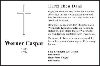 Traueranzeige von Werner Caspar von Echo-Zeitungen (Gesamtausgabe)
