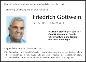 Traueranzeige von Friedrich Gottwein von Starkenburger Echo