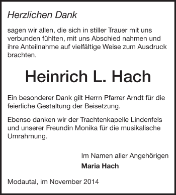 Traueranzeige von Heinrich L. Hach von Echo-Zeitungen (Gesamtausgabe)