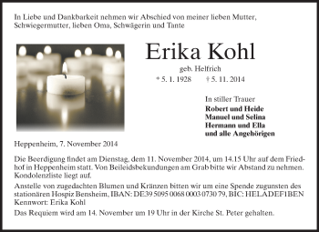 Traueranzeige von Erika Kohl von Starkenburger Echo
