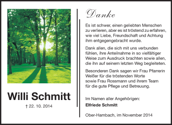 Traueranzeige von Willi Schmitt von Starkenburger Echo, Bergsträßer Anzeiger