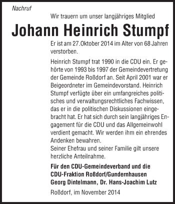 Traueranzeige von Johann Heinrich Stumpf von Echo-Zeitungen (Gesamtausgabe)