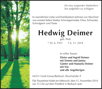 Traueranzeige von Hedwig Deimer von Rüsselsheimer Echo, Groß-Gerauer-Echo, Ried Echo