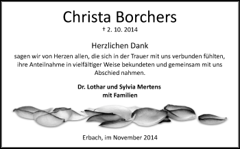 Traueranzeige von Christa Borchers von Odenwälder Echo