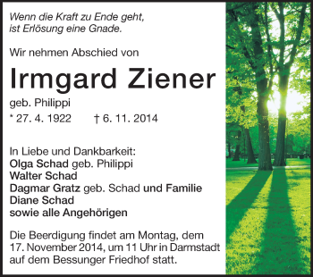 Traueranzeige von Irmgard Ziener von Echo-Zeitungen (Gesamtausgabe)
