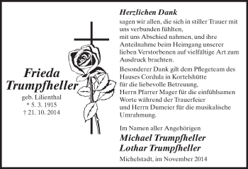 Traueranzeige von Frieda Trumpfheller von Odenwälder Echo