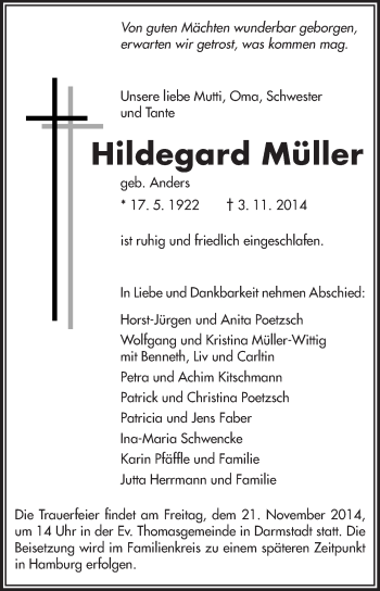 Traueranzeige von Hildegard Müller von Echo-Zeitungen (Gesamtausgabe)