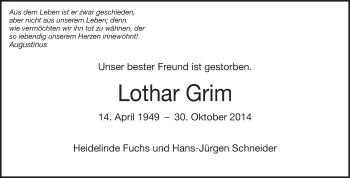 Traueranzeige von Lothar Grim von Echo-Zeitungen (Gesamtausgabe)