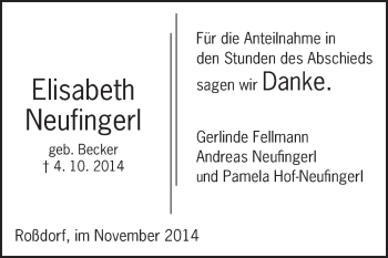 Traueranzeige von Elisabeth Neufingerl von Echo-Zeitungen (Gesamtausgabe)