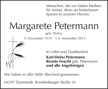 Traueranzeige von Margarete Petermann von Echo-Zeitungen (Gesamtausgabe)
