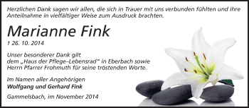 Traueranzeige von Marianne Fink von Odenwälder Echo