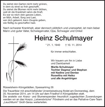 Traueranzeige von Heinz Schulmayer von Rüsselsheimer Echo, Groß-Gerauer-Echo, Ried Echo
