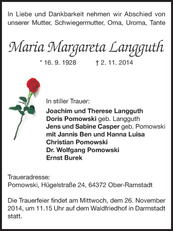 Traueranzeige von Maria Margareta Langguth von Echo-Zeitungen (Gesamtausgabe)
