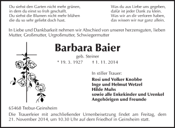 Traueranzeige von Barbara Baier von Rüsselsheimer Echo, Groß-Gerauer-Echo, Ried Echo