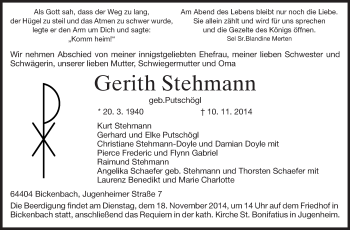 Traueranzeige von Gerith Stehmann von Echo-Zeitungen (Gesamtausgabe)
